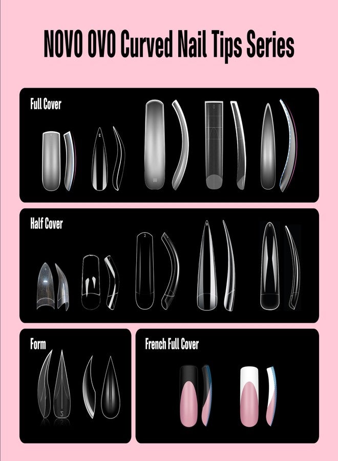 NOVO OVO Half Cover XXL Curved Nail Tips, Square Shallow Paste Soft Gel x Long L XL XXXL Hawk Curve Claw 90s' Y2K Fake Nails Extension kit, Clear Soft French False Nail for Acrylic 12 Sizes 240pc - Image 5
